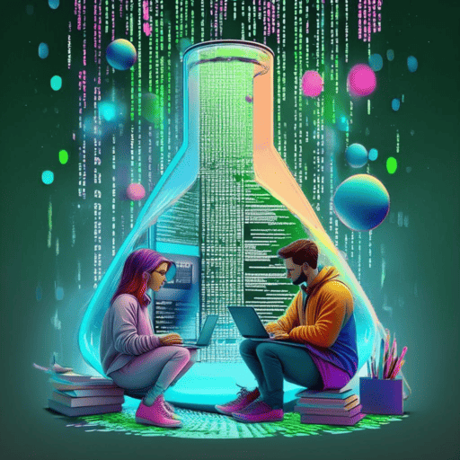 Zwei Personen an Laptops arbeiten an einem Experiment, Erlenmeyerkolben im Hintergrund