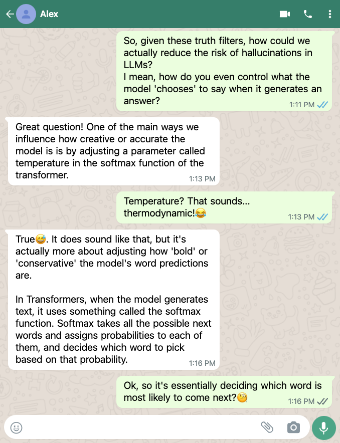 Emma's chat history with developer Alex, who explains how the transformer's softmax function works.