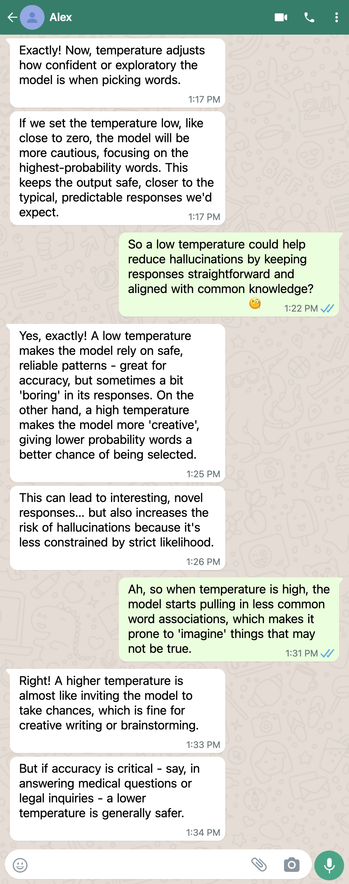 Chat between Emma and Alex about the temperature settings. High temperature = creative; low = more accurate but less creative