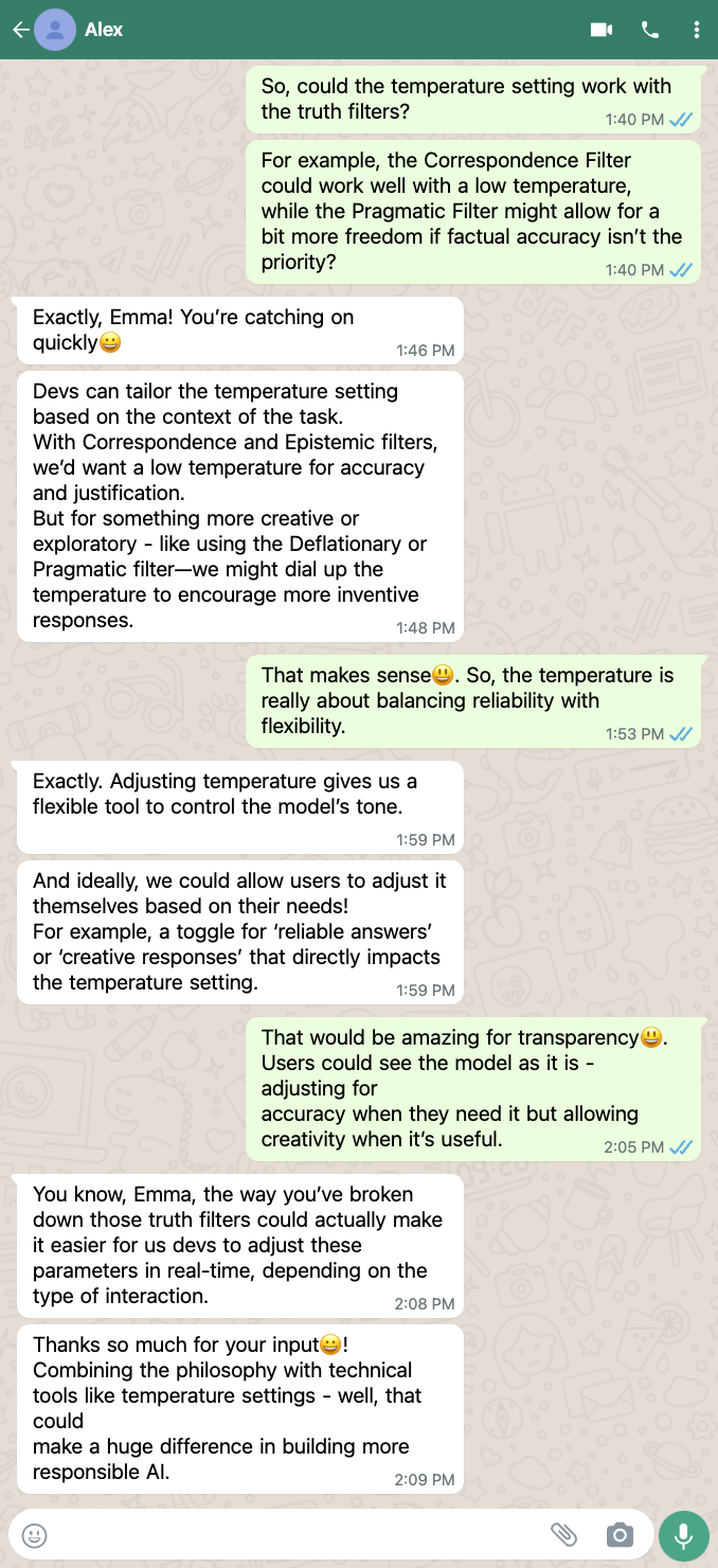 Emma and Alex reflect whether the temperature setting could be used to implement the truth filters.