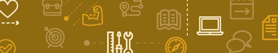 Banner mit verschiedenen Grafiken, wie Computer, Werkzeug, Herz, Dokument, Sprechblasen und so weiter