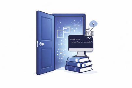 Grafik: Eine Tür mit Büchern und Monitor davor stehend