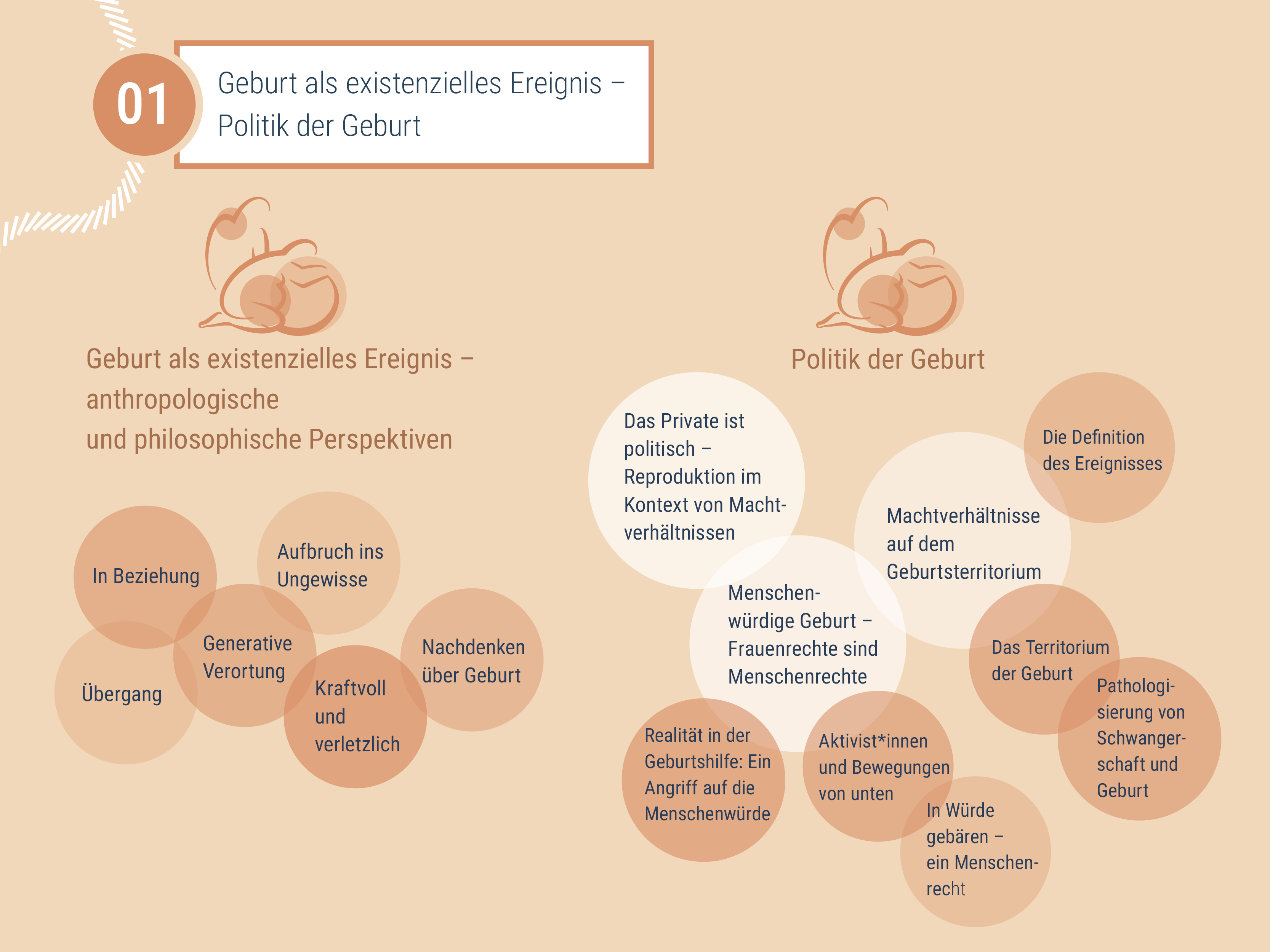 Visuelle Darstellung der in Modul 1 behandelten Aspekte. Geburt als existenzielles Ereignis schaut dabei auf anthropologische und philosophische Perspektiven in Beziehung zu Geburt.
Politik der Geburt beschäftigt sich mit Reproduktion im Kontext von Machtverhältnissen, Machtverhältnisse auf dem Geburtsterritorium, Pathologisierung von Schwangerschaft und Geburt, Menschenwürdige Geburt und Frauenrechte als Menschenrechte, Angriffe auf Menschenwürde sowie Aktivist*innen und Bewegungen von unten