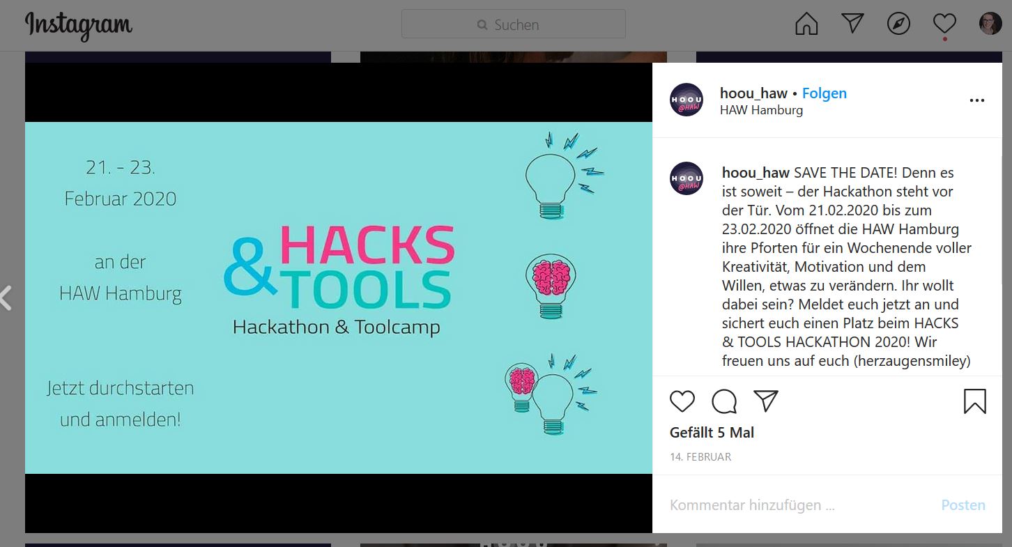 Screenshot eines Instagram-Posts für Hacks&Tools; links ist ein Poster mit Logo, Datum und Ort; rechts ist der Begleittext