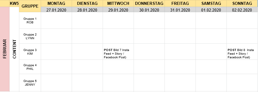 Vorlage eines Redaktionsplans für Social Media Creation: auf der X-Achse sind die Arbeitstage, auf der Y-Achse die Gruppen