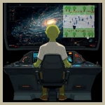 Alien Observer sitzt im Cockpit seines Raumschiffs und sieht sich die Simulation auf dem Bildschirm an.