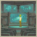 Agent "Observer" steht in einem futuristischen Hörsaal.