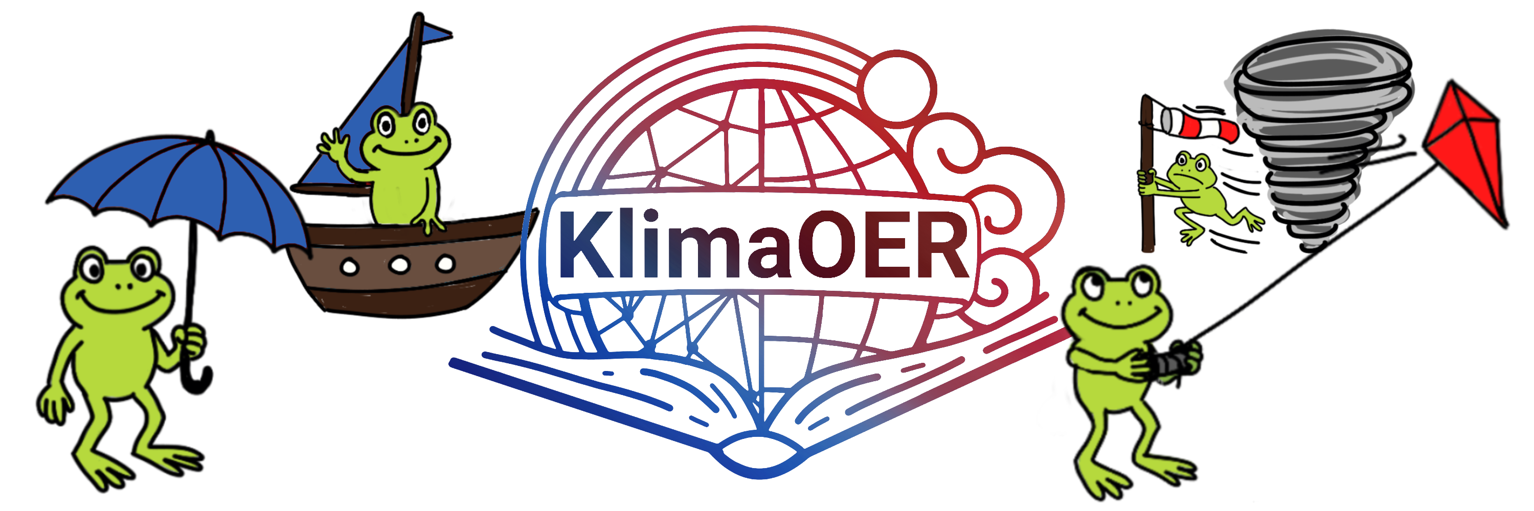 Titelbild: KlimaOER Logo mit 4 Fröschen drum herum