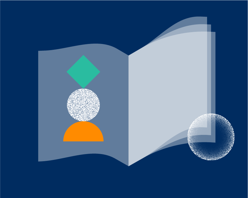 Das Bild zeigt eine abstrakte Darstellung eines Buches mit symbolisierten Informationen.