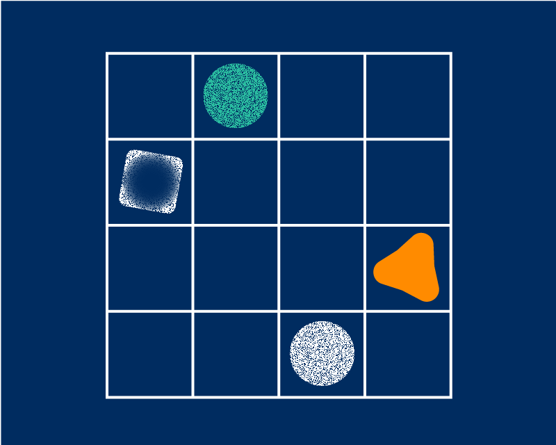 Das Bild enthält eine abstrakte Darstellung von geordneten Gitternetzen mit grafischen Symbolen. 