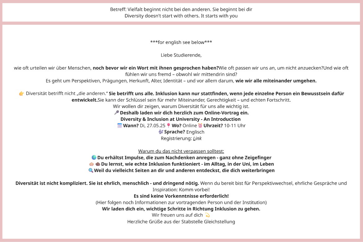 Mail an die Studierenden - viele emojis, aktivierende W&ouml;rter