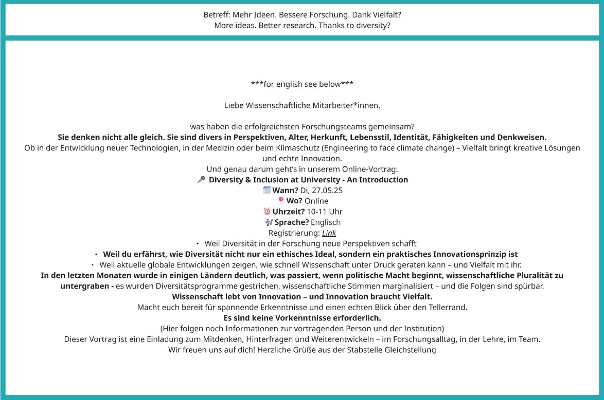 Mailinhalt Wissenschaftliche Mitarbeiter*innen mit Darstellung von wissenschaftlichem Nutzen