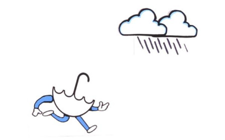 Eine Regenwolke und ein laufender Regenschirm.