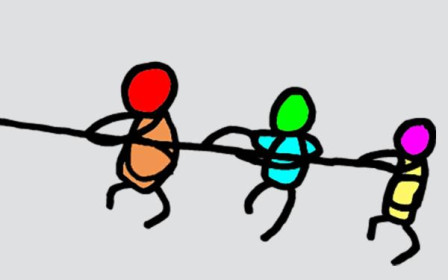 Figuren ziehen gemeinsam an einem Seil wie beim Tauziehen.