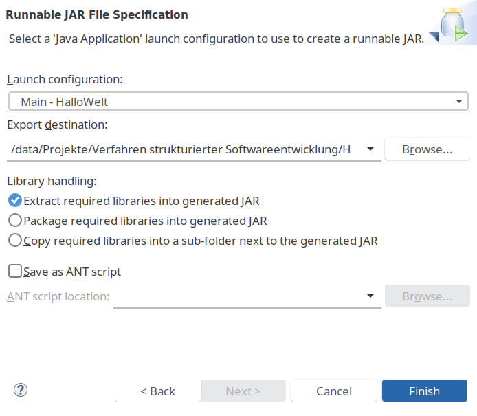 Dialog zur Definition der JAR Eigenschaften
