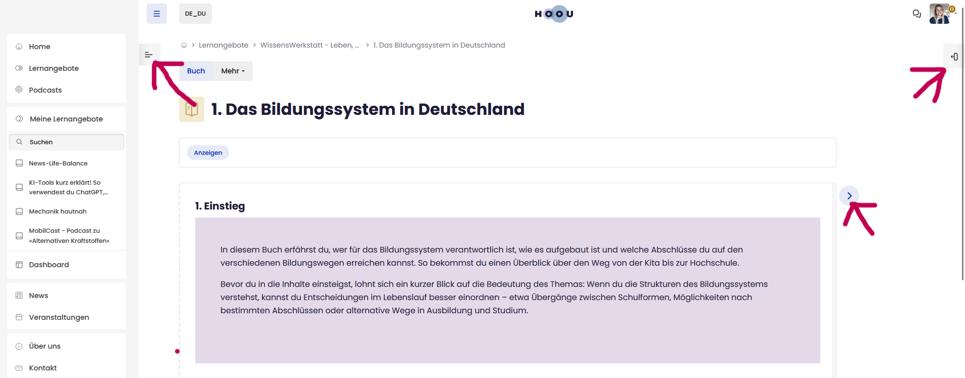 Screenshot zur Navigation innerhalb des Lernangebotes.