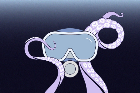 Zwei Oktopus-Kraken halten eine Taucherbrille hoch.