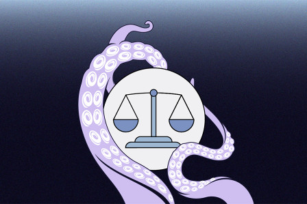 Mehrere Kraken halten ein Symbol, die Waage der Gerechtigkeit. 