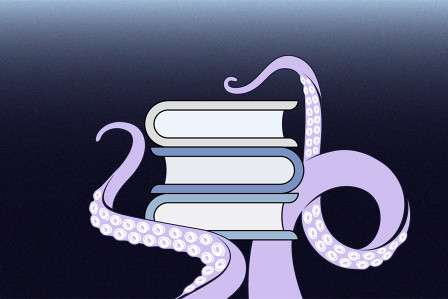 Drei Kraken halten einen Bücherstapel.