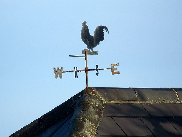 Ein 2D-Metall(?)-Wetterhahn auf einem Dach dreht sich so wie der Wind weht und zeigt somit die Richtung des Windes, aber nicht die Stärke an.