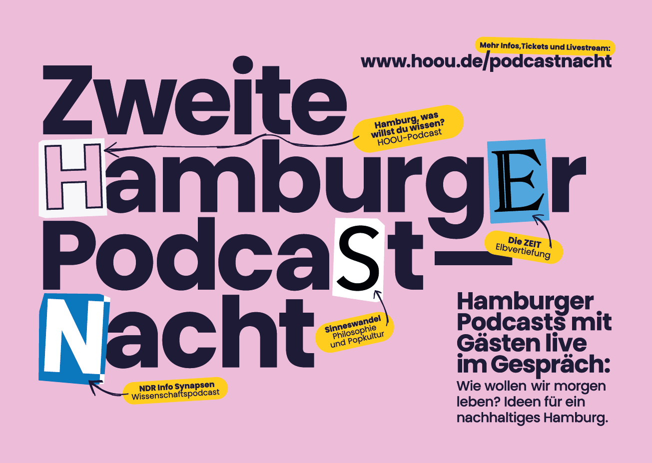 Der Kurswechsel beschäftigt uns bei der HOOU auch in unseren weiteren Angeboten. Am 6. Oktober ab 19:00 Uhr geht die Hamburger Podcast-Nacht in die zweite Runde. Alle Live-Shows verbindet in diesem Jahr eine gemeinsame Frage: „Wie wollen wir morgen leben? Ideen für ein nachhaltiges Hamburg.“ Mehr Infos und auch den Livestream findet ihr auf der Seite der Hamburger Podcastnacht. 