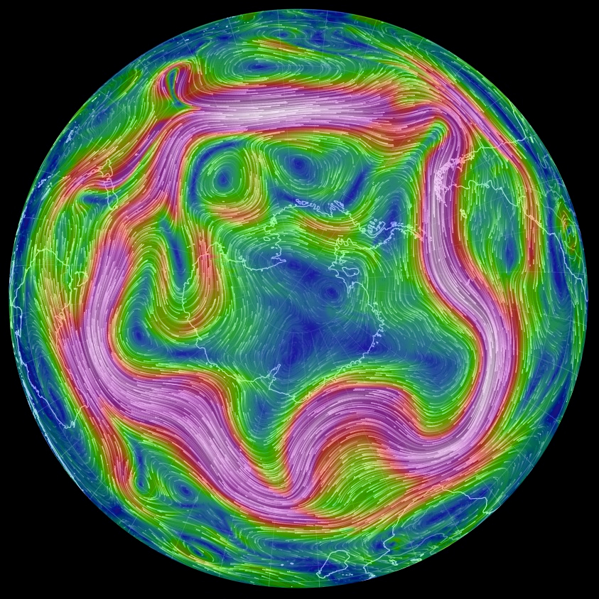 Eine Windkarte, die ein starkes Windband einmal um den Pol bei ca. 60 Grad nörtlicher Breite zeigt