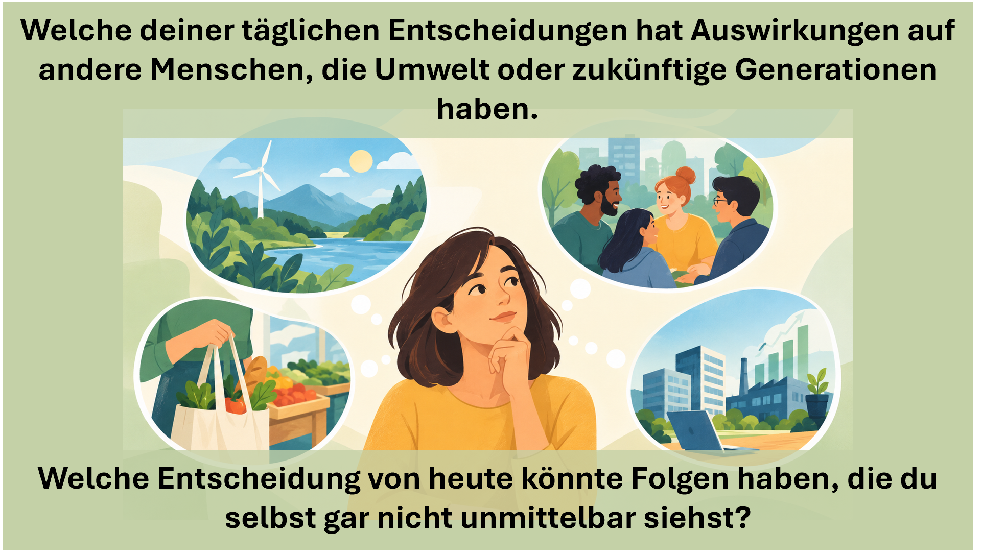 Eine nachdenkliche Person wird gezeigt mit folgendem Text: Welche deiner täglichen Entscheidungen hat Auswirkungen auf andere Menschen, die Umwelt oder zukünftige Generationen haben.Welche Entscheidung von heute könnte Folgen haben, die du selbst gar nicht unmittelbar siehst?
