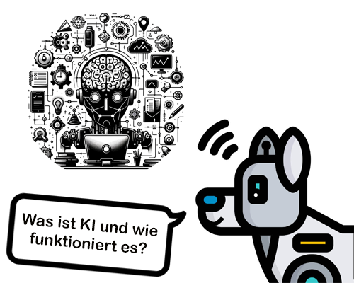 Vektorgrafik des Roboterhund KI, der fragt wie KI funktioniert.