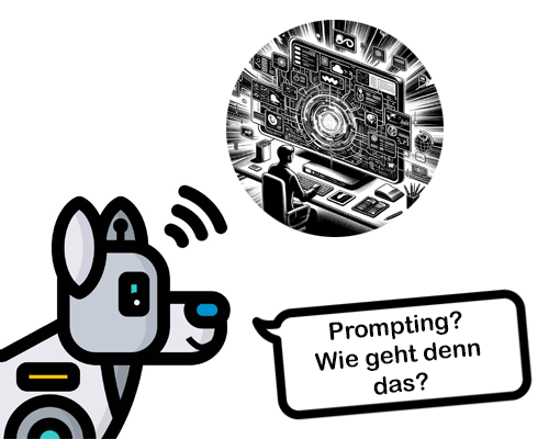 Vektorgrafik des Roboterhundes KI der frage: Propting? Wie geht denn das?
