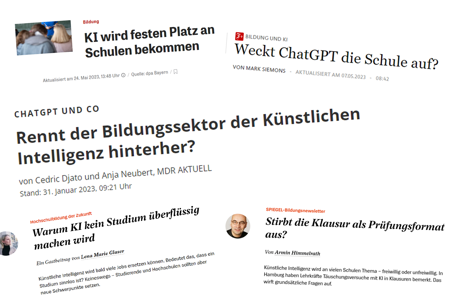 Schlagzeilen aus verschiedenen Medien, hauptsächlich Zeitungen, zum Einfluss von KI auf die Bildung