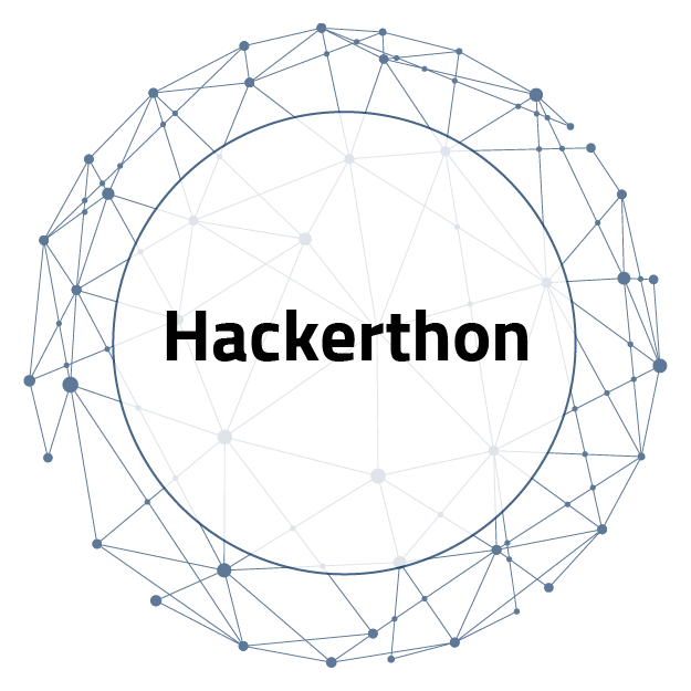 Kreisförmige und netzartige Kugel mit einem Lila Kreis mit dem Text Hackerthon