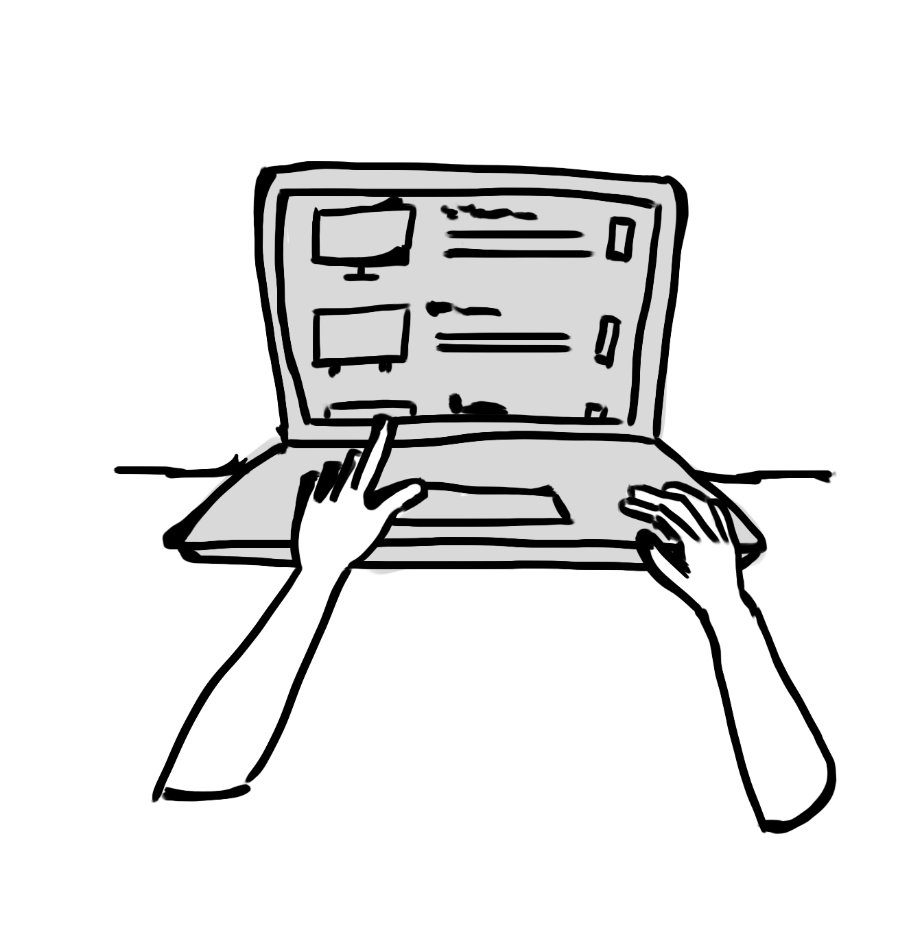 Zeichnung eines Laptops, auf dem zwei Hände tippen.