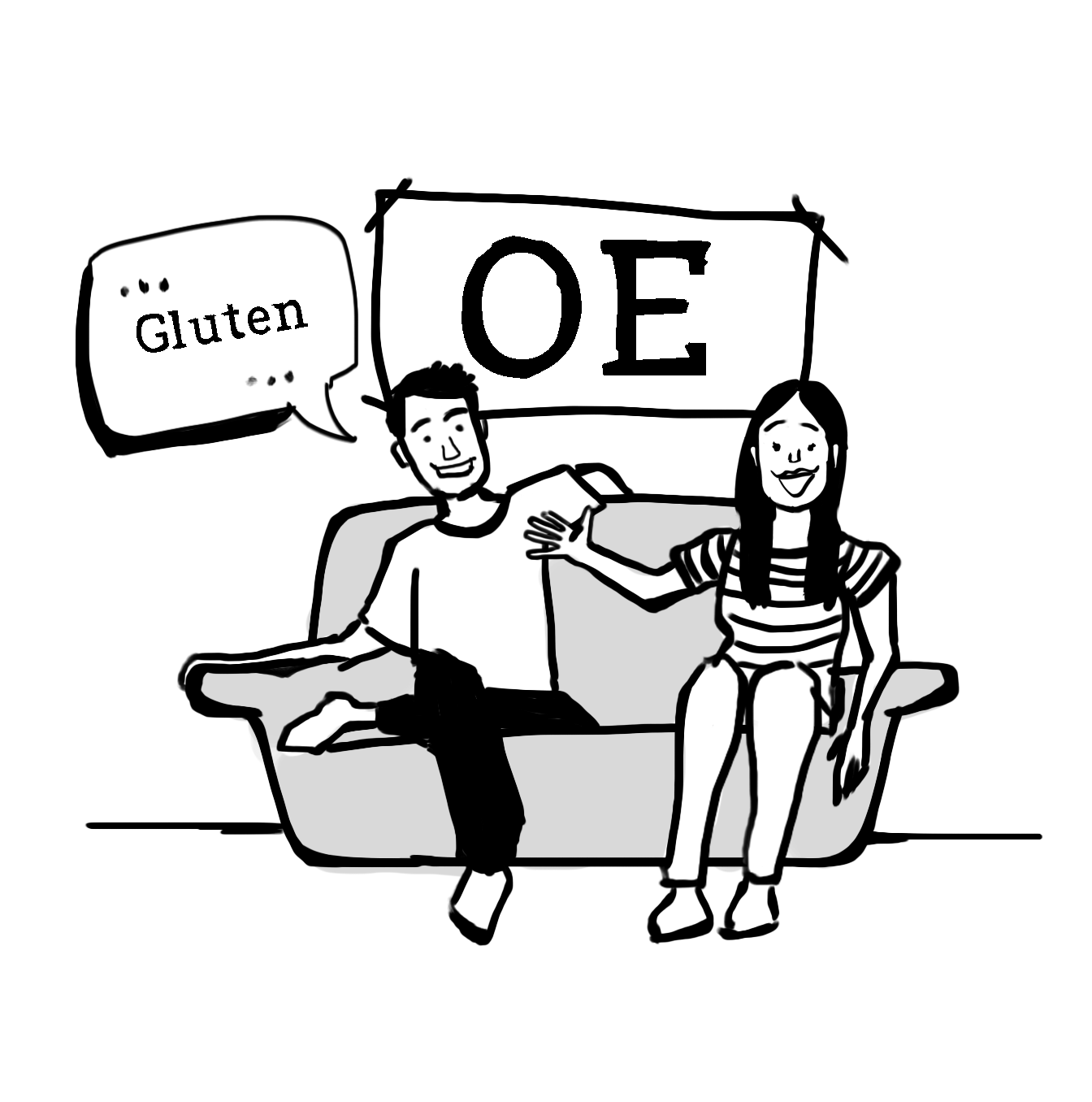 Eine Zeichnung von zwei Personen, die auf einem Sofa sitzen. Dahinter hängt ein Poster mit der Aufschrift "OE".