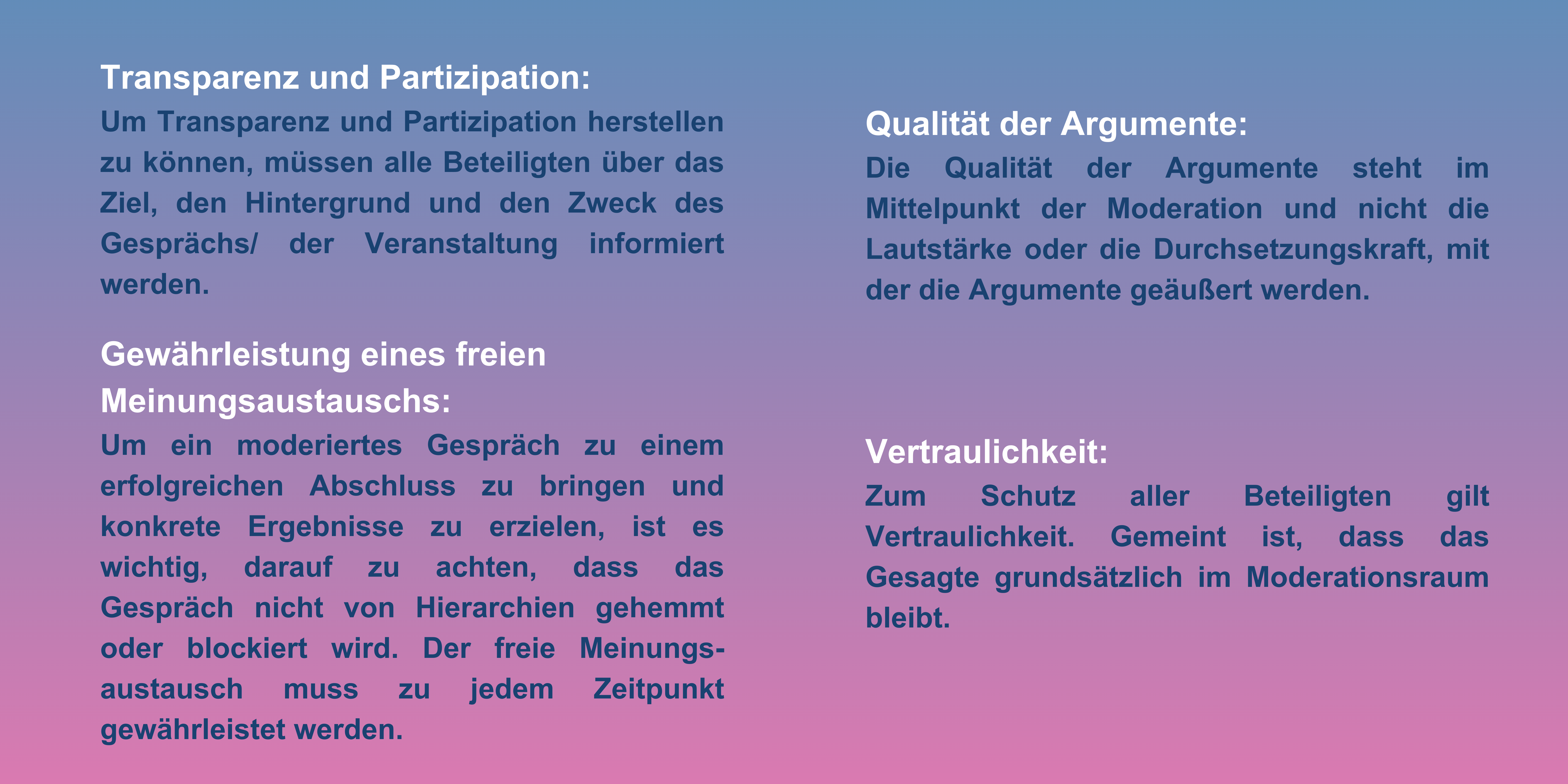 Transparenz und Partizipation, Gewährleistung eines freien Meinungsaustauschs, Qualität der Argumente, Vertraulichkeit.
