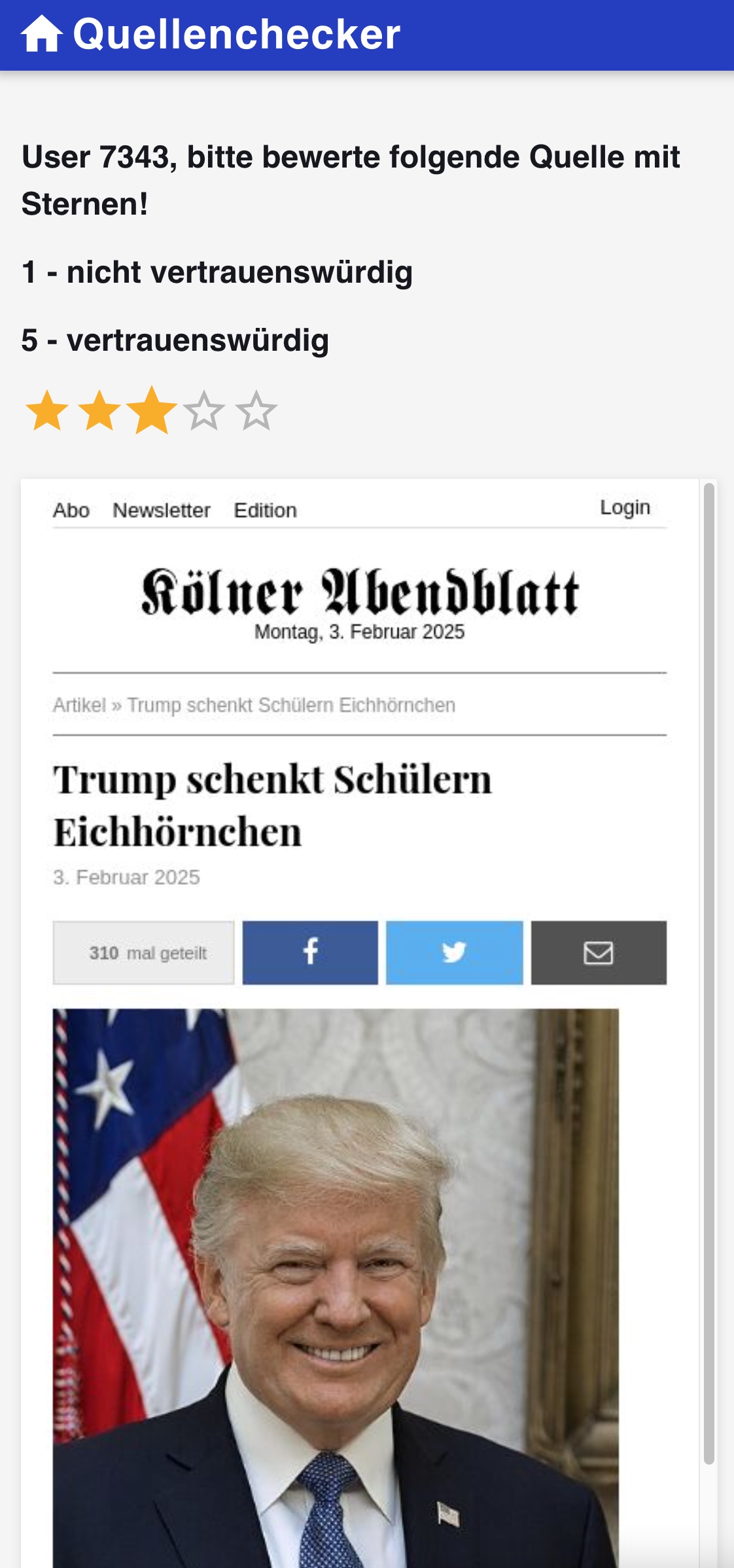Screenshot des Tools Quellenchecker. User wird aufgefordert, einen Artikel auf Glaubwürdigkeit zu bewerten.