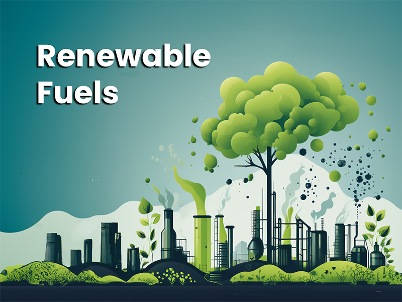 A stylized landscape depicted as a vector graphic that suggests wind energy, plants and refineries.